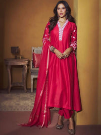 House of Chikankari Women Regular Chikankari Chanderi Silk Kurta with Trousers