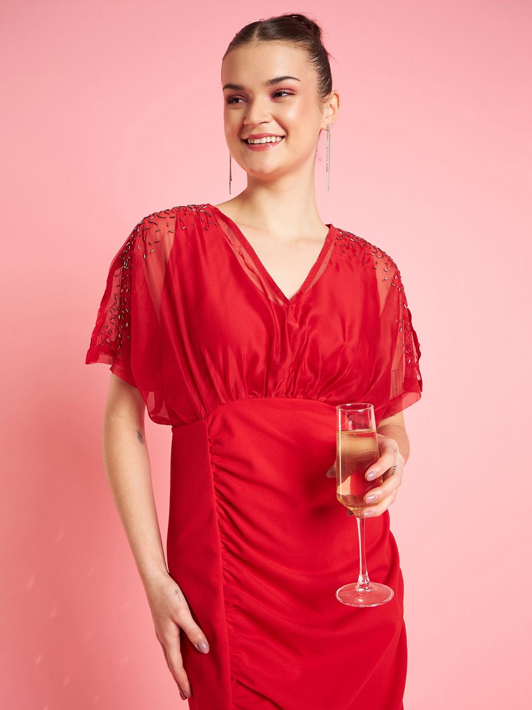 Antheaa Red Embellished Wrap Dress