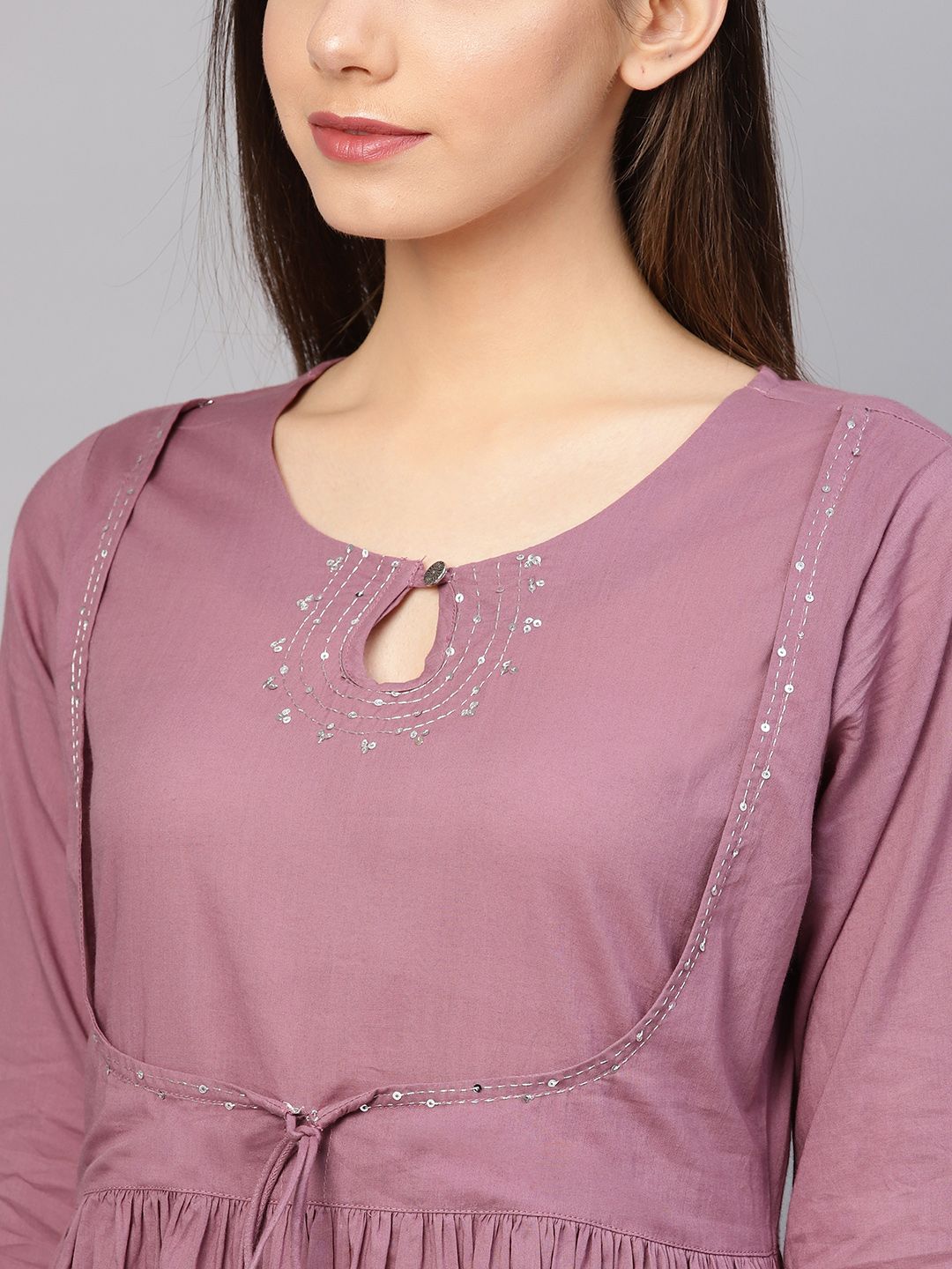 Varanga Women Mauve Sequinned Pure Cotton Gathered Keyhole Neck Kurta with Zari Work
