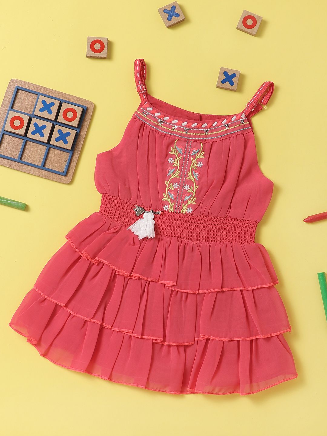 Nauti Nati Girls Coral Pink Solid Tiered Fit & Flare Dress with Briefs