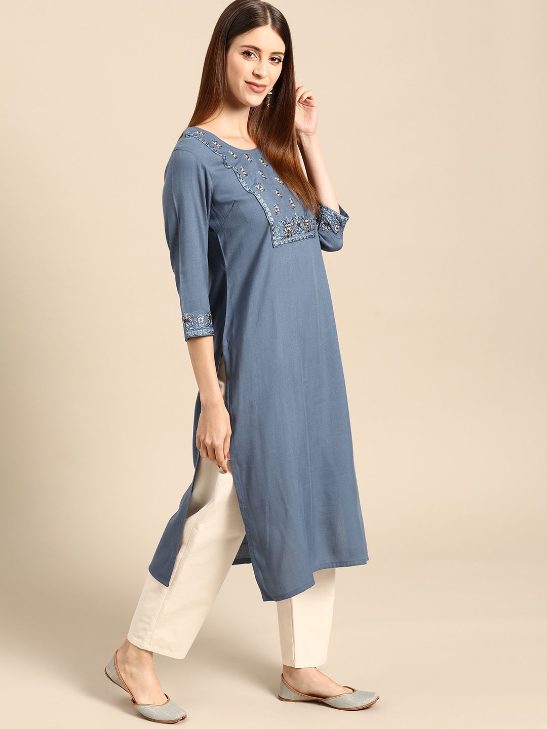Anouk Women Blue Ethnic Motifs Yoke Design Kurta