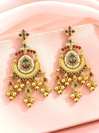 Gold-Toned Multi-Coloured Meenakari Kashmiri Style Kundan Ghungroo Drop Earrings