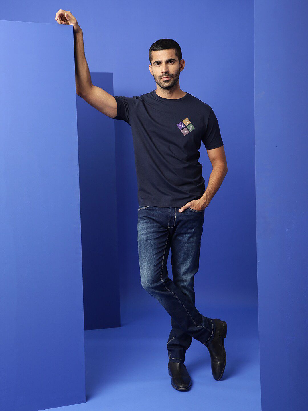 RARE RABBIT Men Badget Printed Slim Fit Cotton T-Shirt