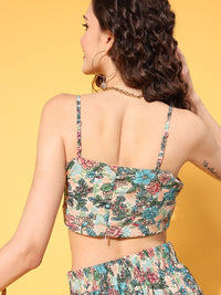 Berrylush Women Beige & Blue Floral Printed 3 Piece Co-Ords