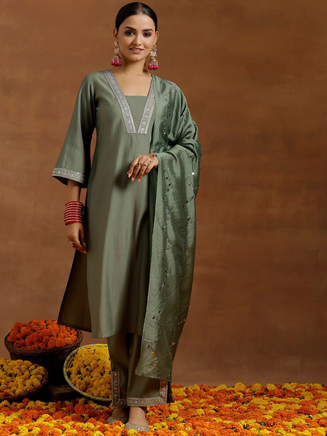 Libas Floral Yoke Design Regular Sequinned Kurta With Trousers & Dupatta