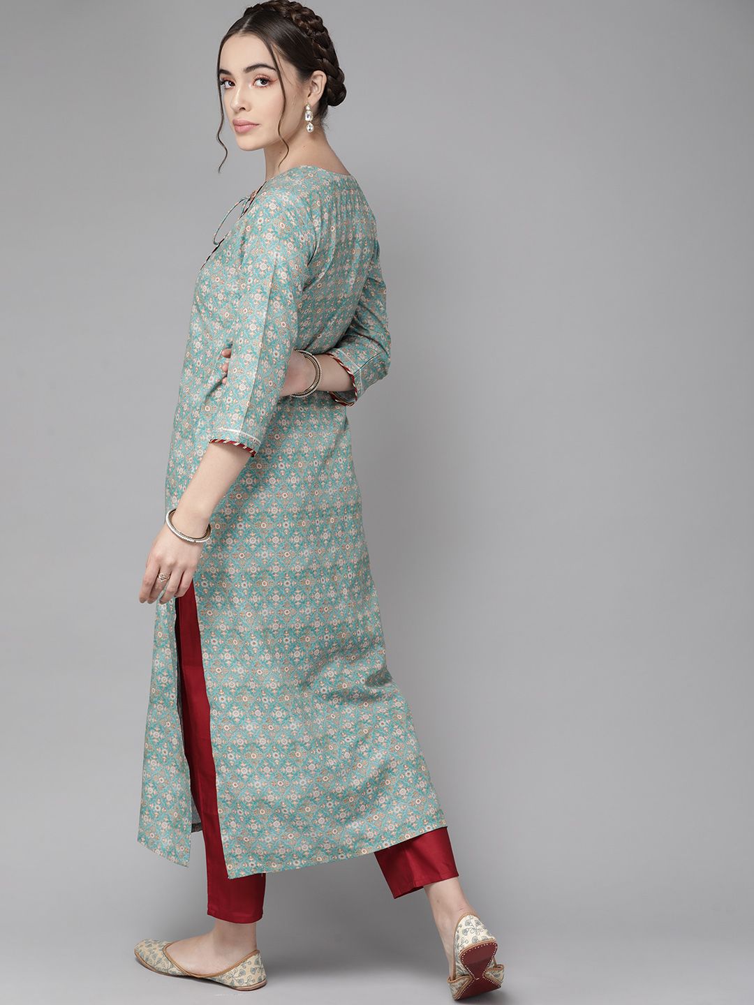 Varanga Teal Blue Ethnic Motif Yoke Embroidered Print Kurta