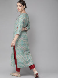 Varanga Teal Blue Ethnic Motif Yoke Embroidered Print Kurta