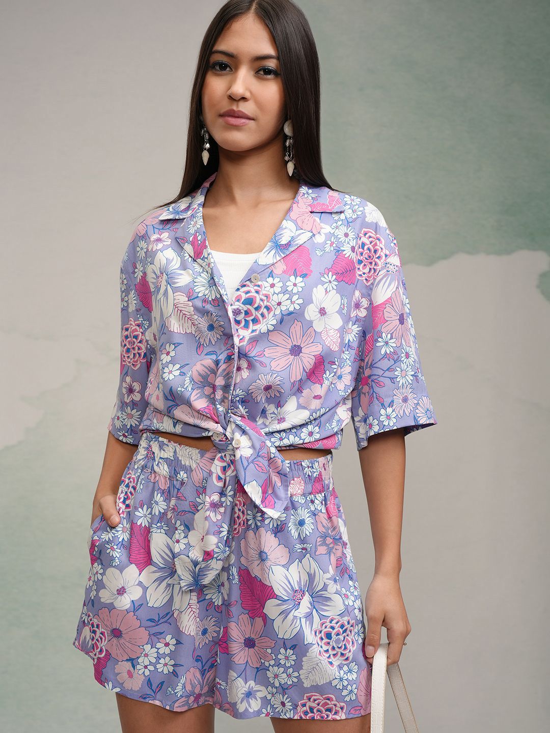 Tokyo Talkies Women Printed Shirt With Short Co-Ords