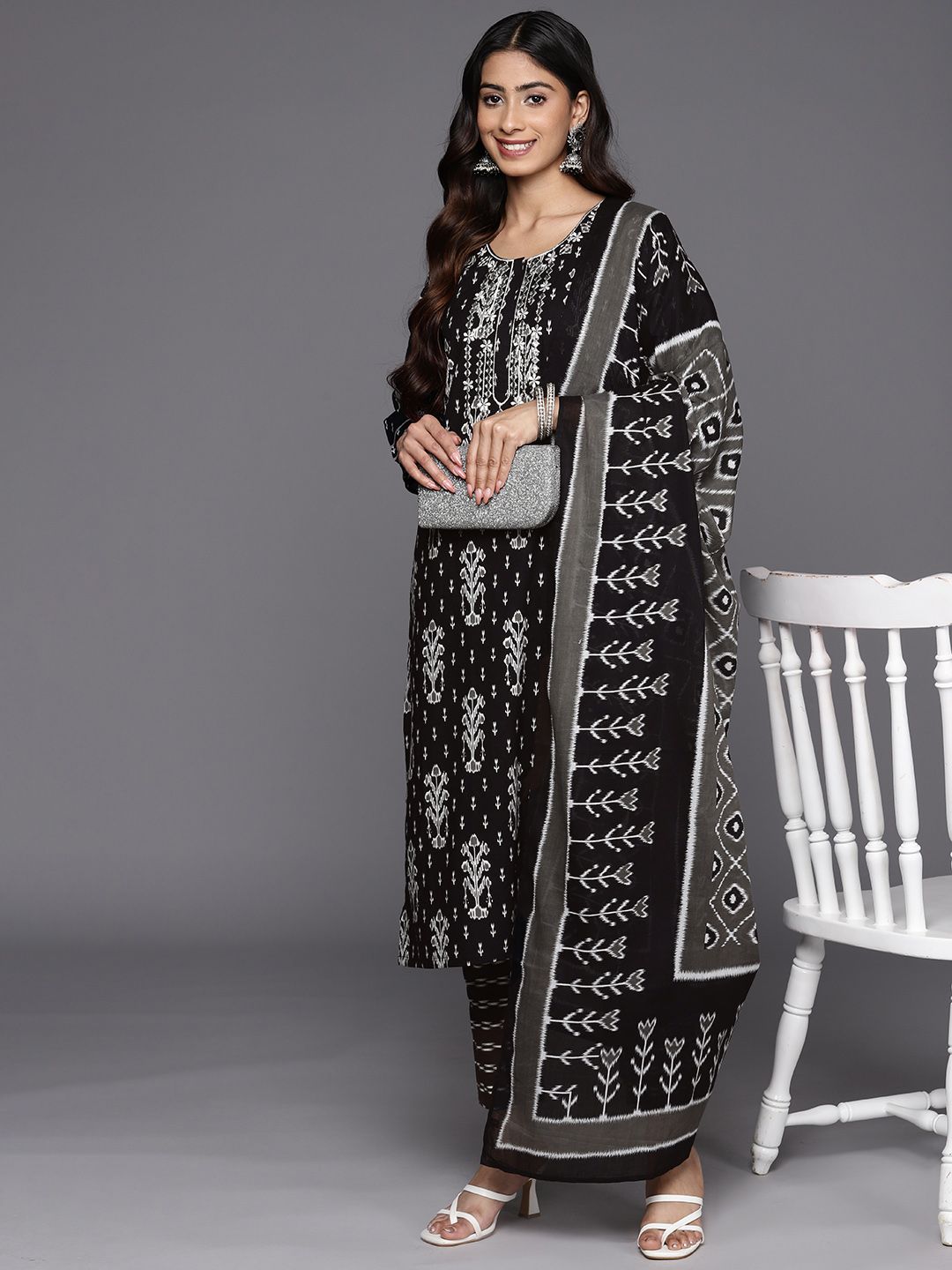 Libas Floral Printed Regular Mirror Work Pure Cotton Kurta With Trousers & Dupatta