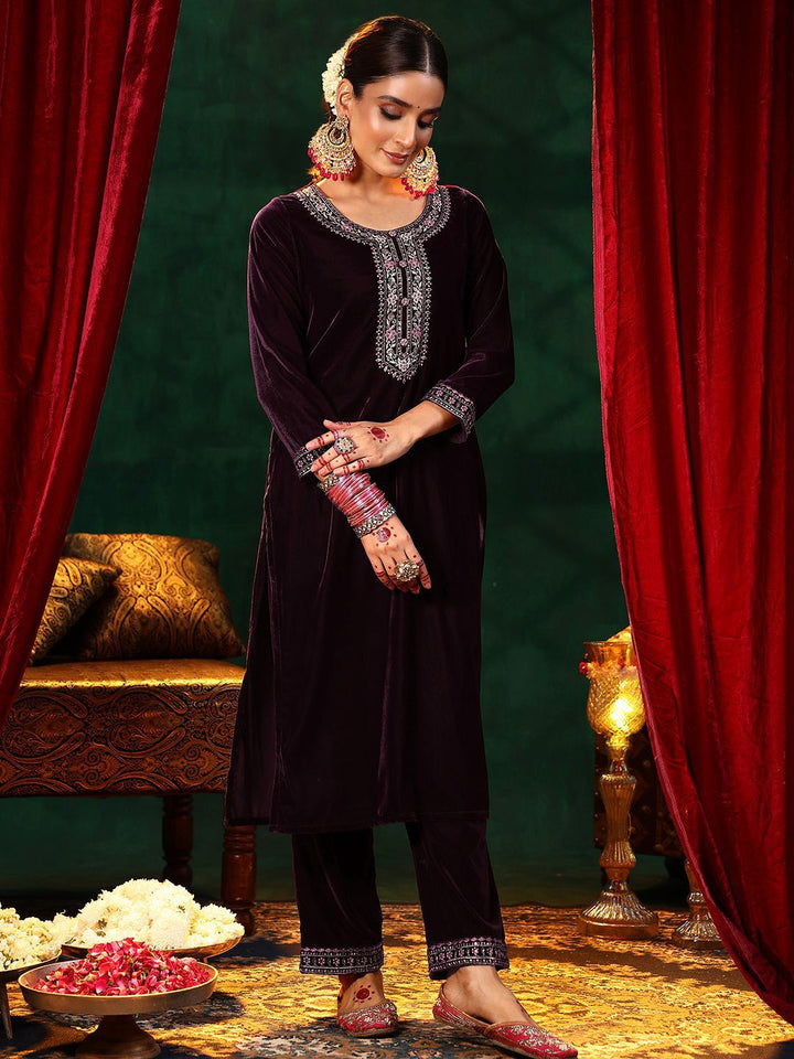 Libas Floral Yoke Design Sequinned Velvet Straight Kurta with Trousers & With Dupatta
