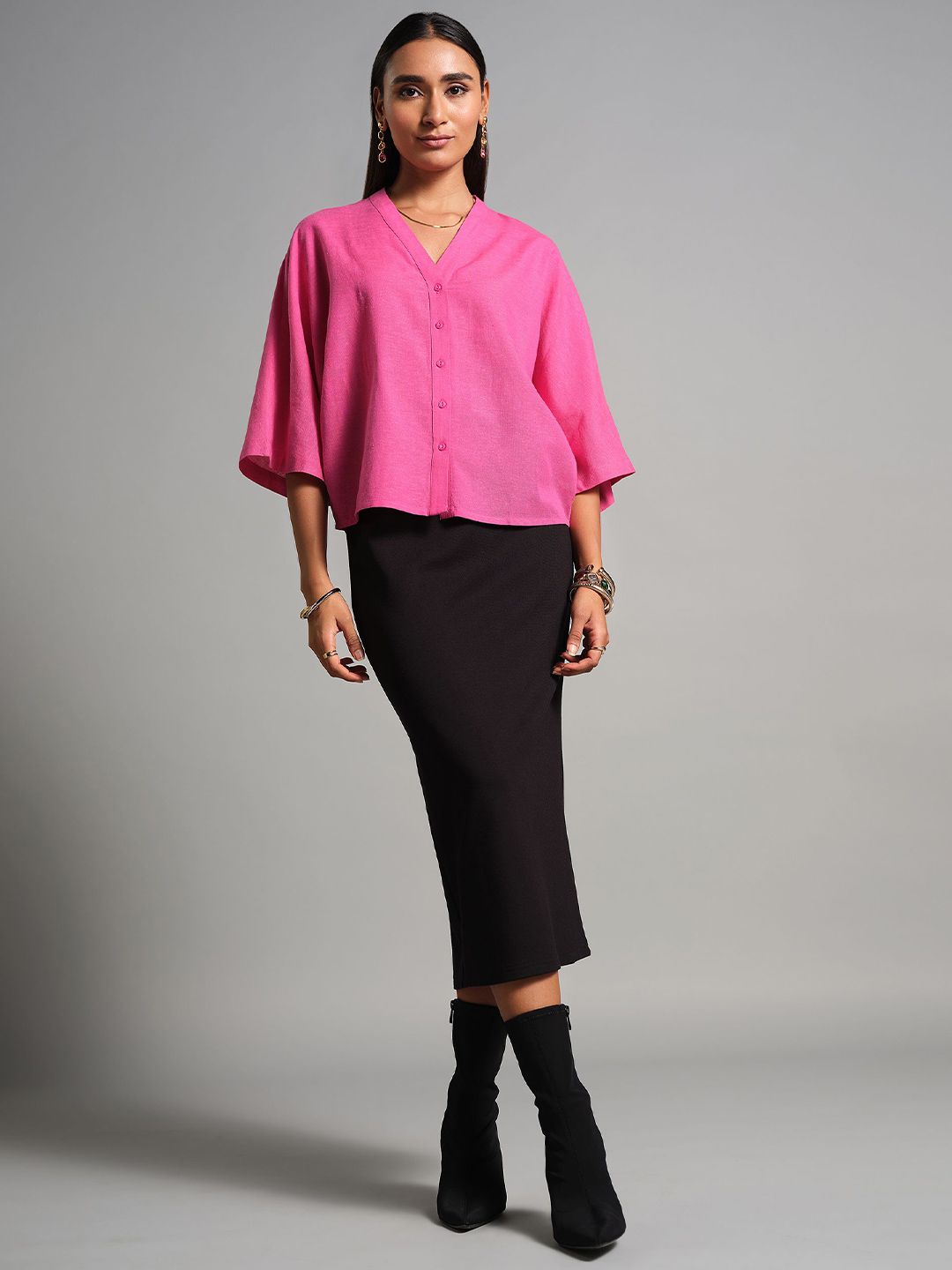 AND Women Solid V-Neck Shirt Style Top