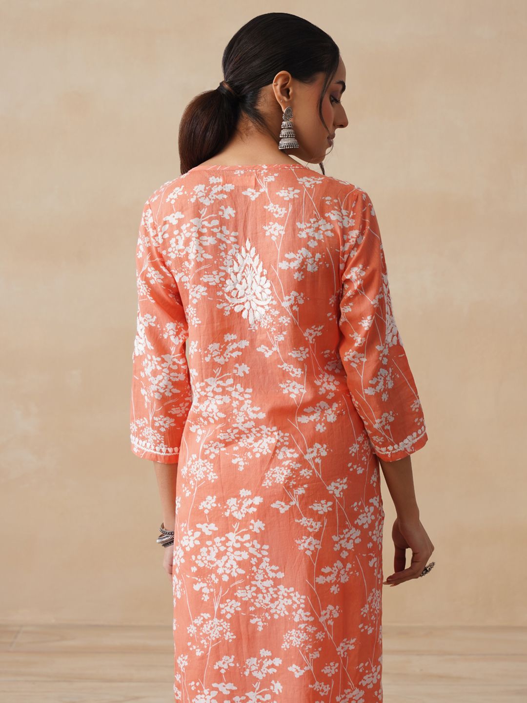 House of Chikankari Women Orange Mulmul Chikankari Embroidered Kurta