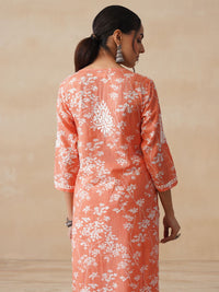 Rumah Wanita Chikankari Kurta Bersulam Mulmul Chikankari Jingga