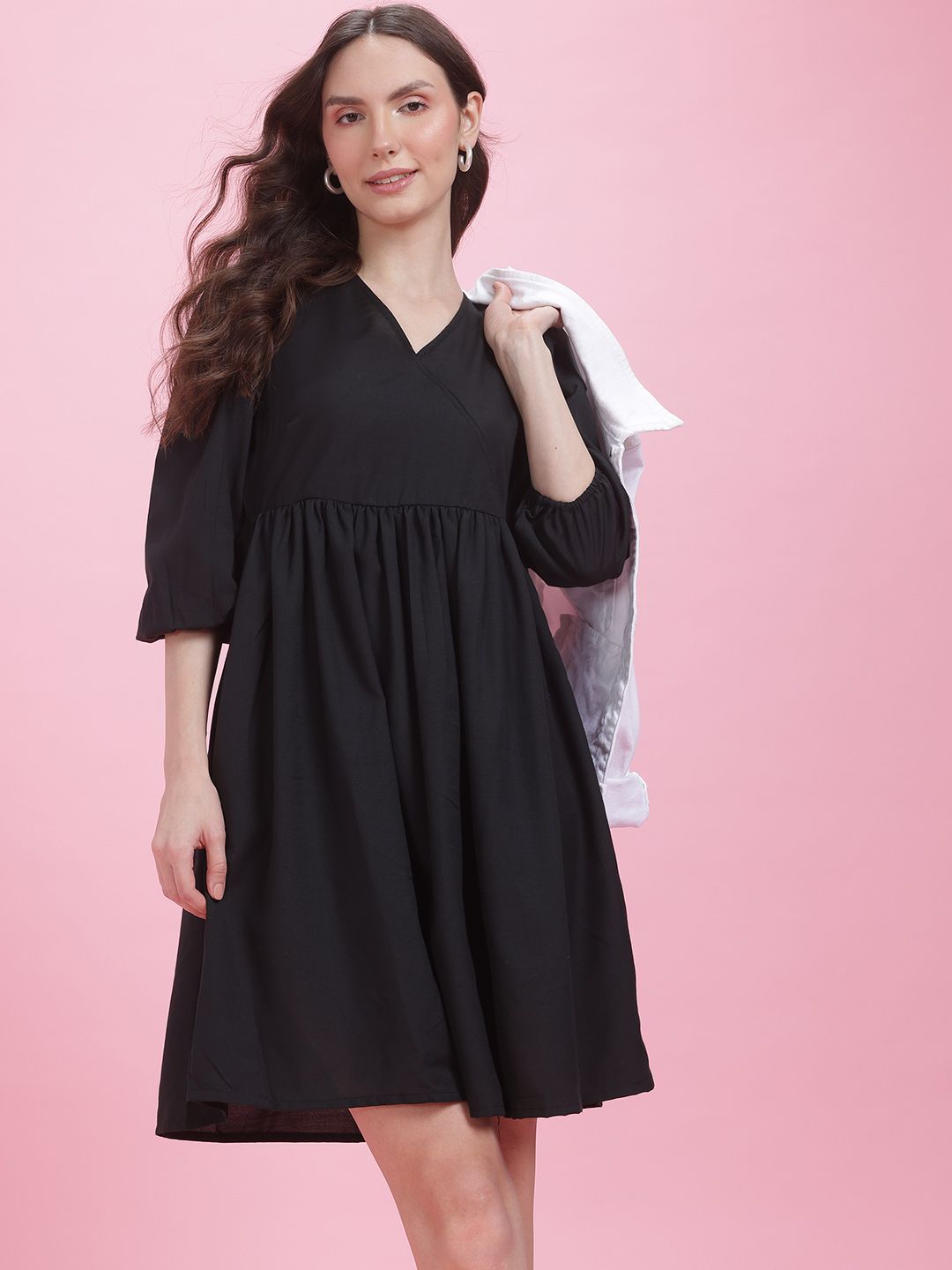 DressBerry Faux Wrap Puff Sleeve A-Line Dress