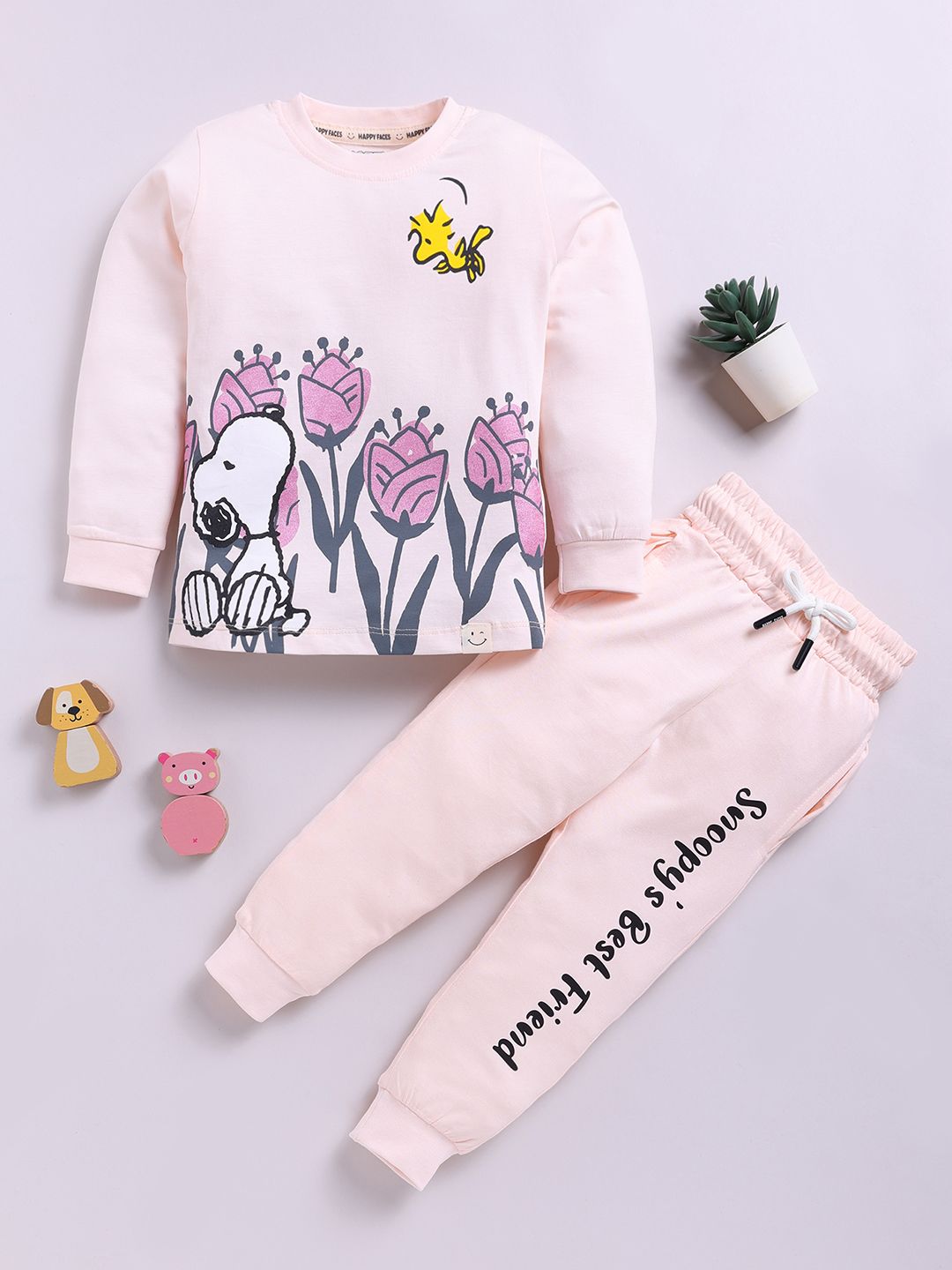 Happy Faces Girls Pure Cotton Snoopy Printed T-shirt with Joggers