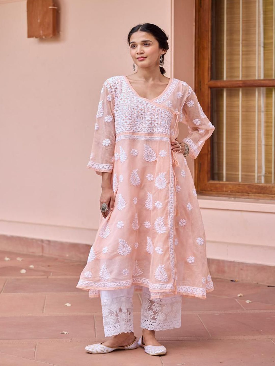 House of Chikankari Women Peach Kota Chikankari Embroidered Kurta