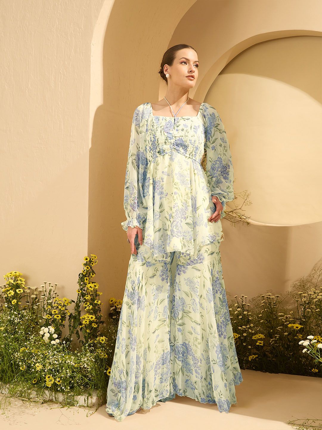 Antheaa Floral Printed Square Neck Tunic With Palazzos