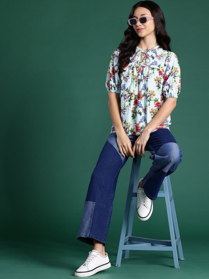 DressBerry Floral Print Tie-Up Neck Top