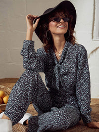 SASSAFRAS Charcoal Animal Printed Tie-Up Neck Shirt Style Top