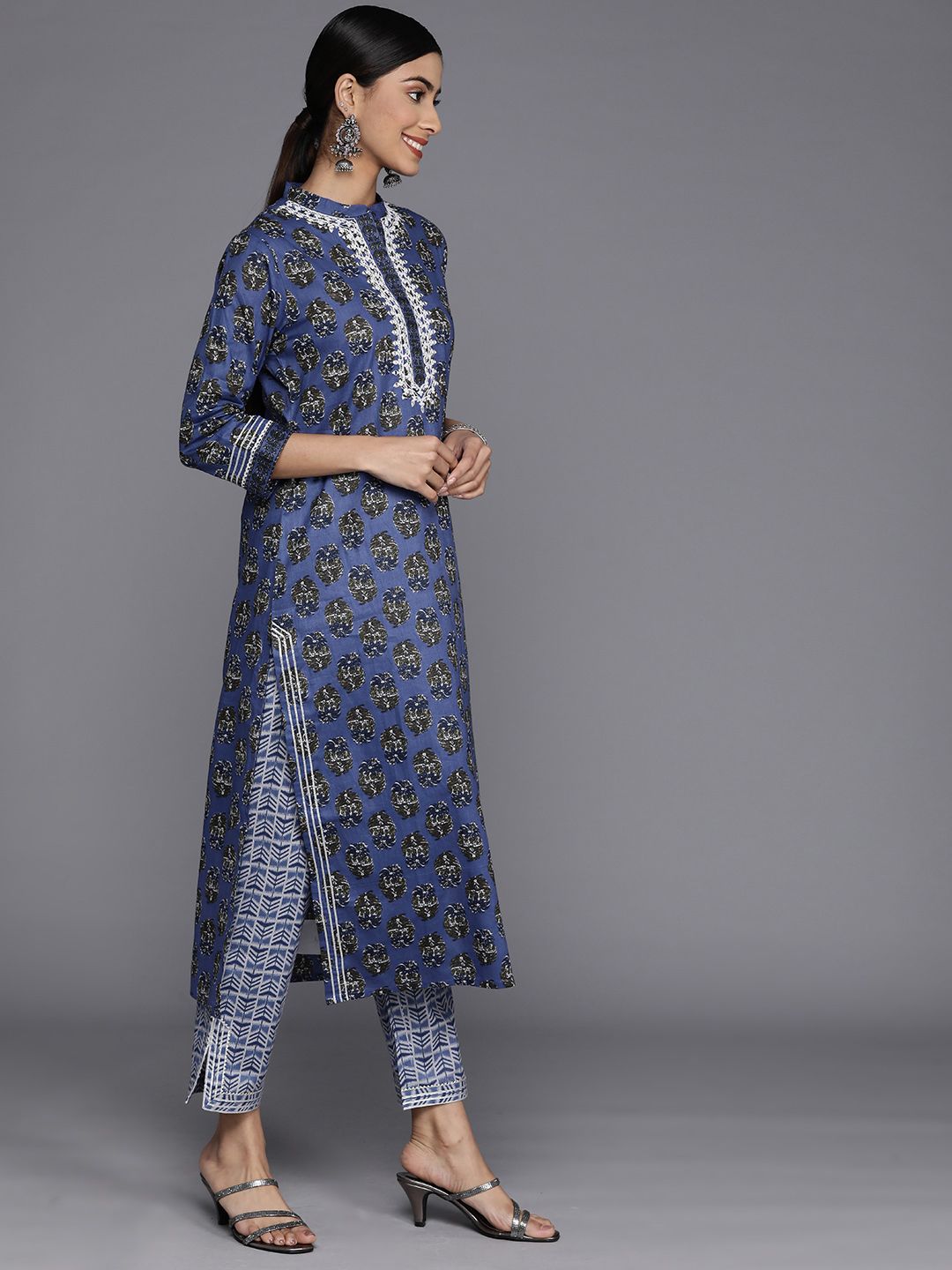 Varanga Women Floral Printed Mirror Work Pure Cotton Kurta With Trousers & With Dupatta