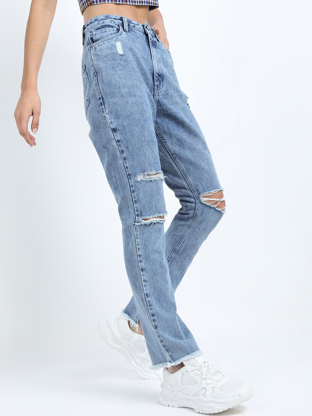 Tokyo Talkies Women Blue Straight Fit Highly Distressed Light Fade Jeans