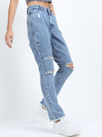 Tokyo Talkies Women Blue Straight Fit Highly Distressed Light Fade Jeans