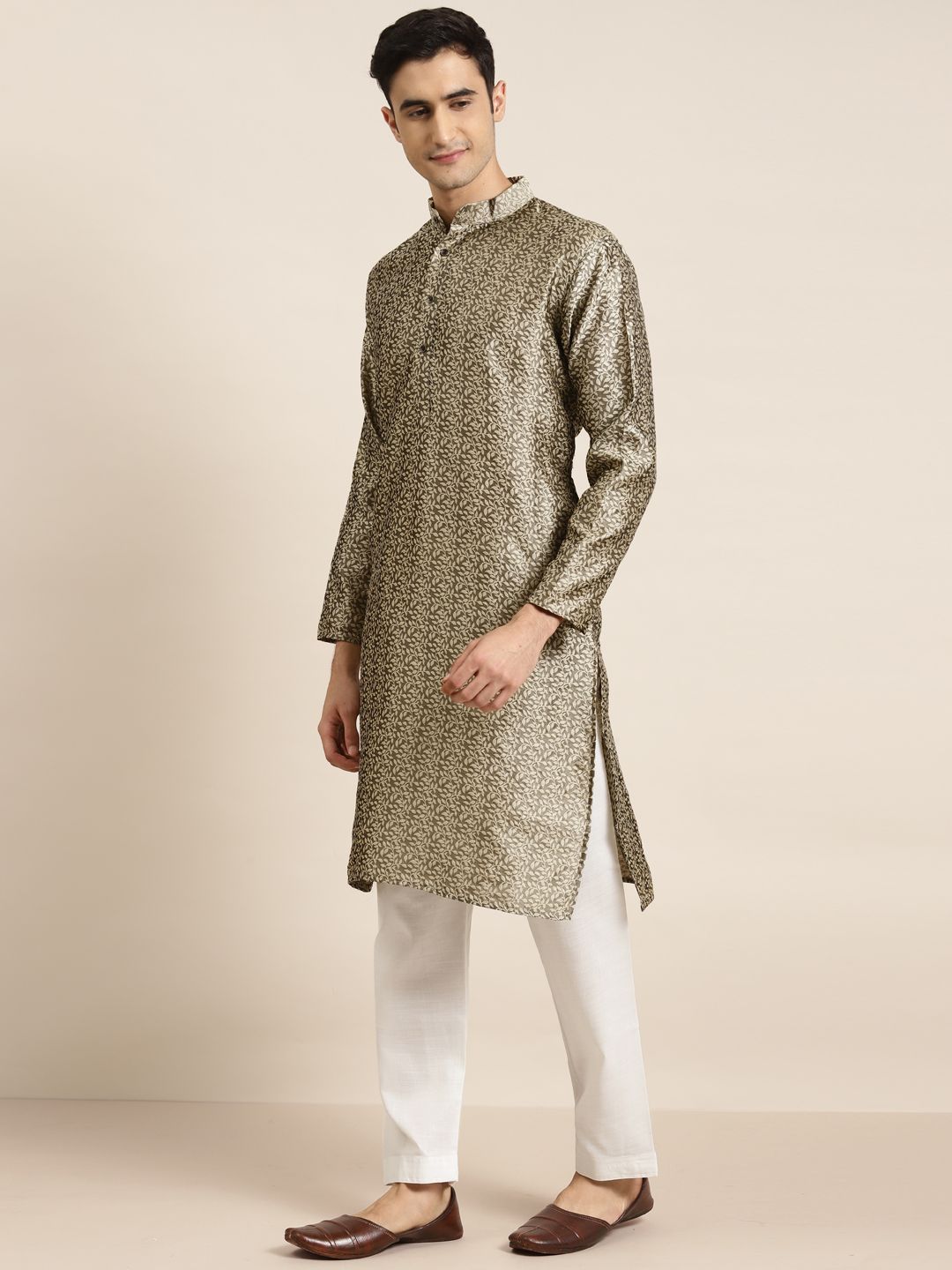 SOJANYA Men Beige Woven Design Jacquard Silk Straight Kurta