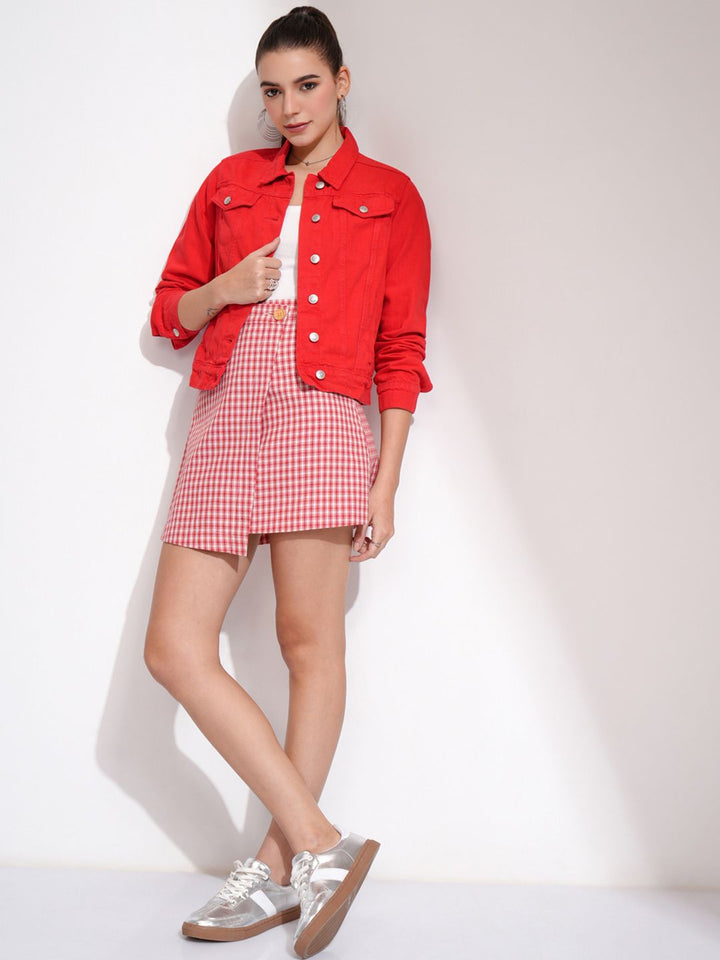 Tokyo Talkies Women Red Solid Denim Jacket