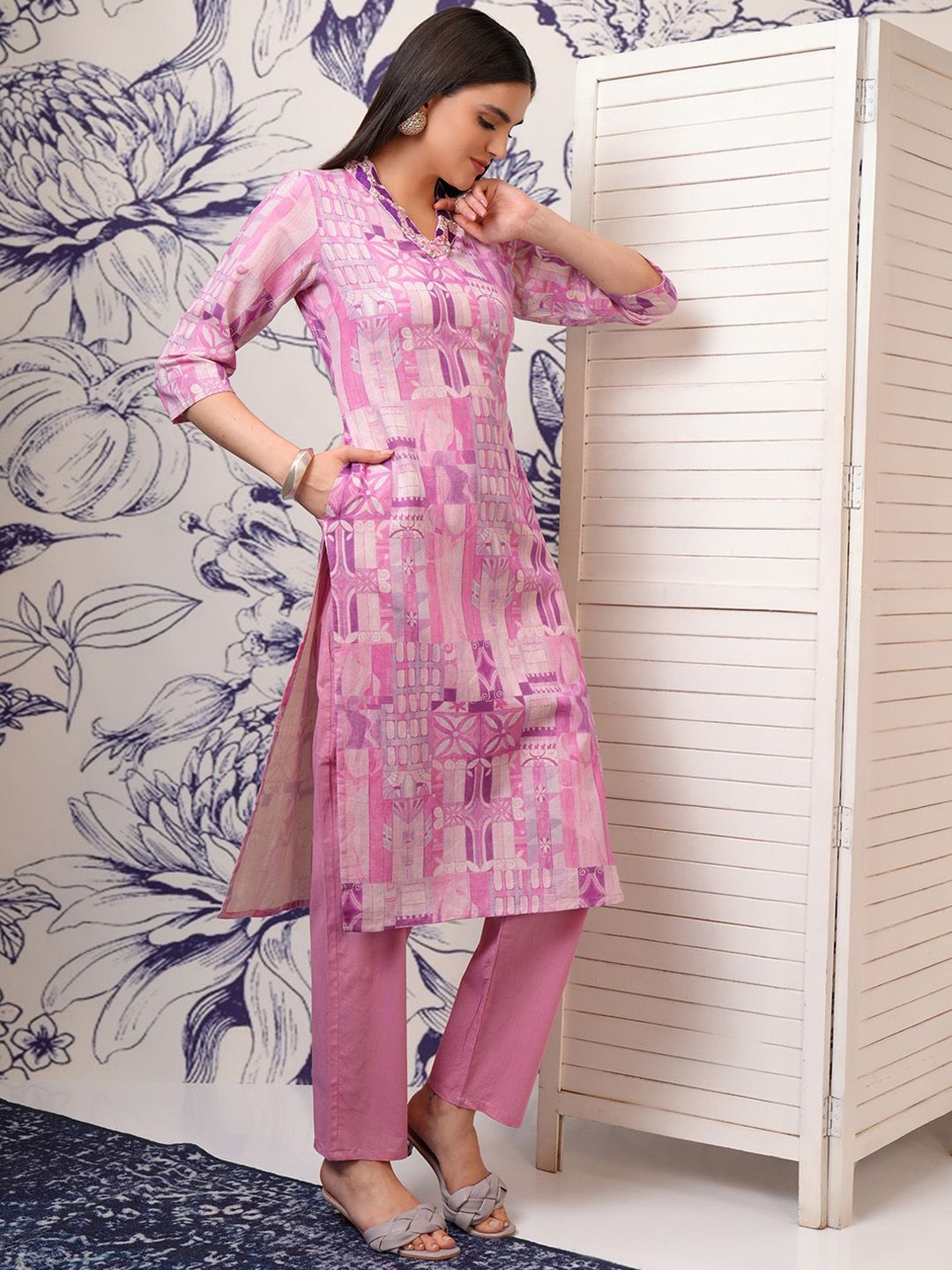 Vishudh Purple Ethnic Motifs Printed Sequinned Pure Cotton Kurta with Trouser & Dupatta