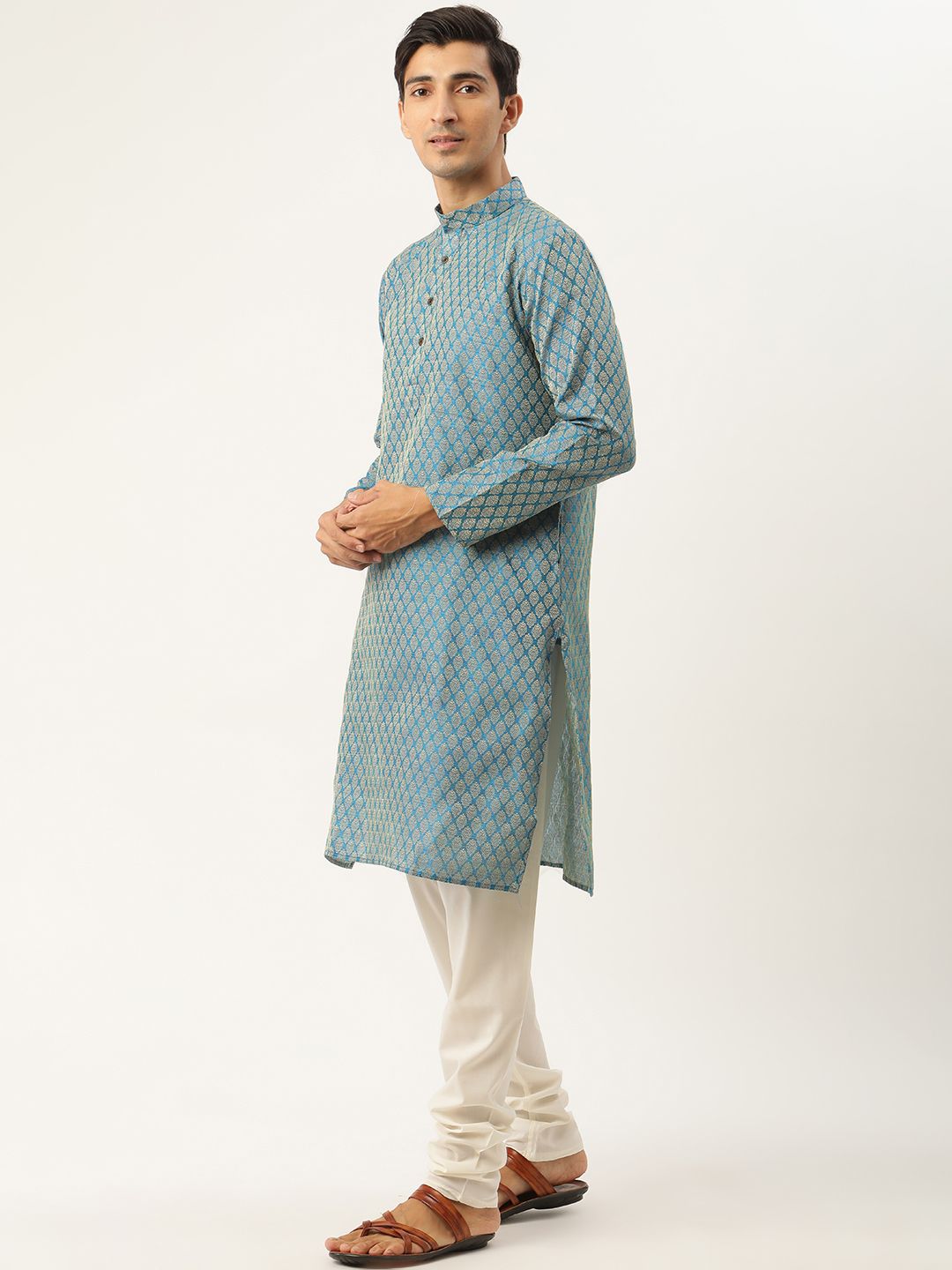 SOJANYA Kurta Motif Etnik Biru & Hijau Lelaki dengan Jaket Churidar & Nehru