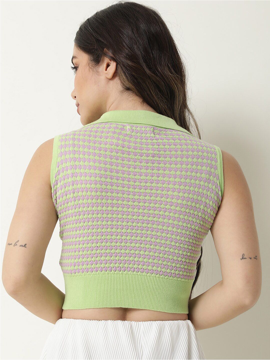 Rareism Women Green & Lavender kabel Sweater Crop Sweater