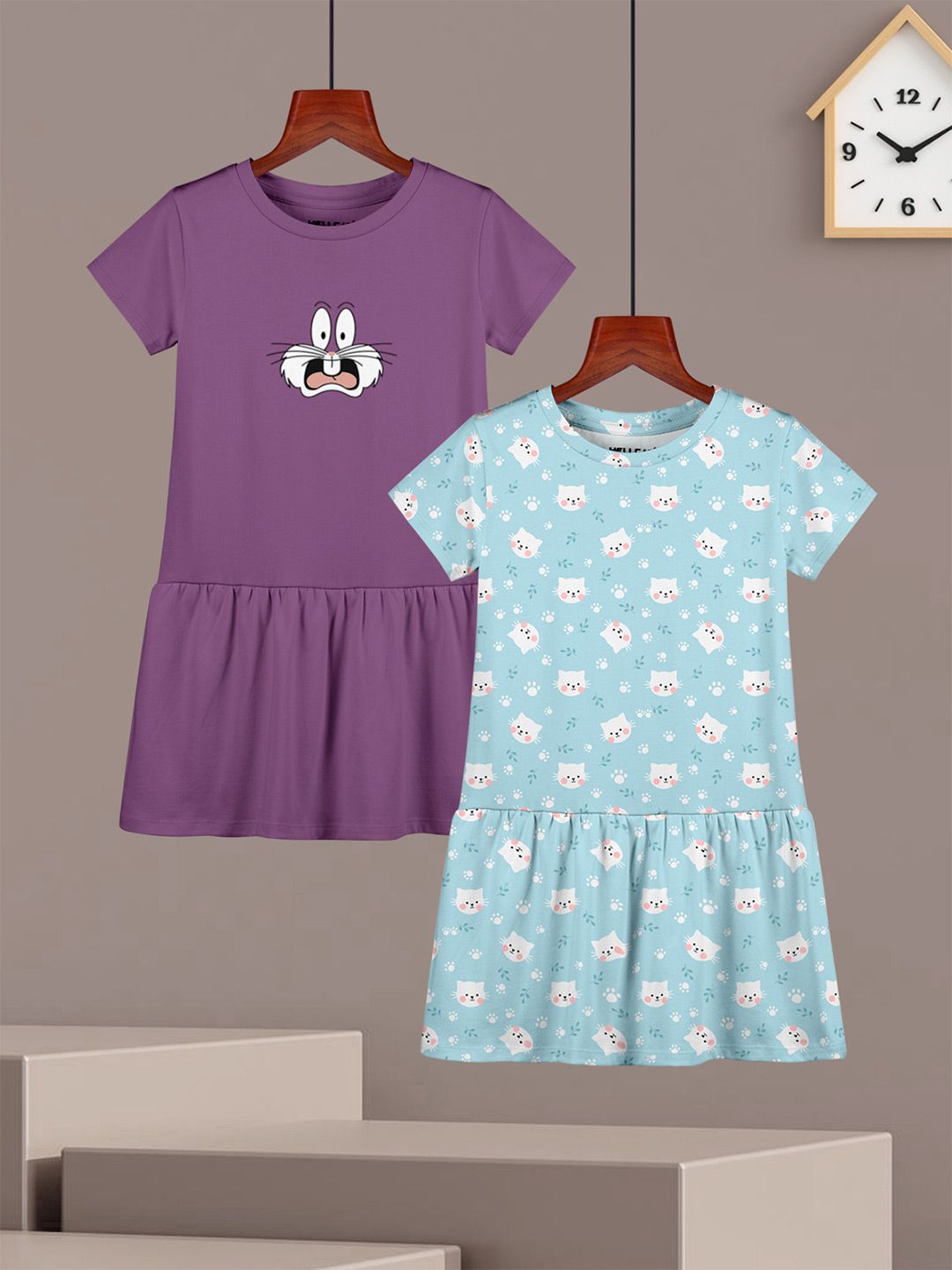 HELLCAT Girls Pack Of 2 Printed Cotton Drop-Waist Dress
