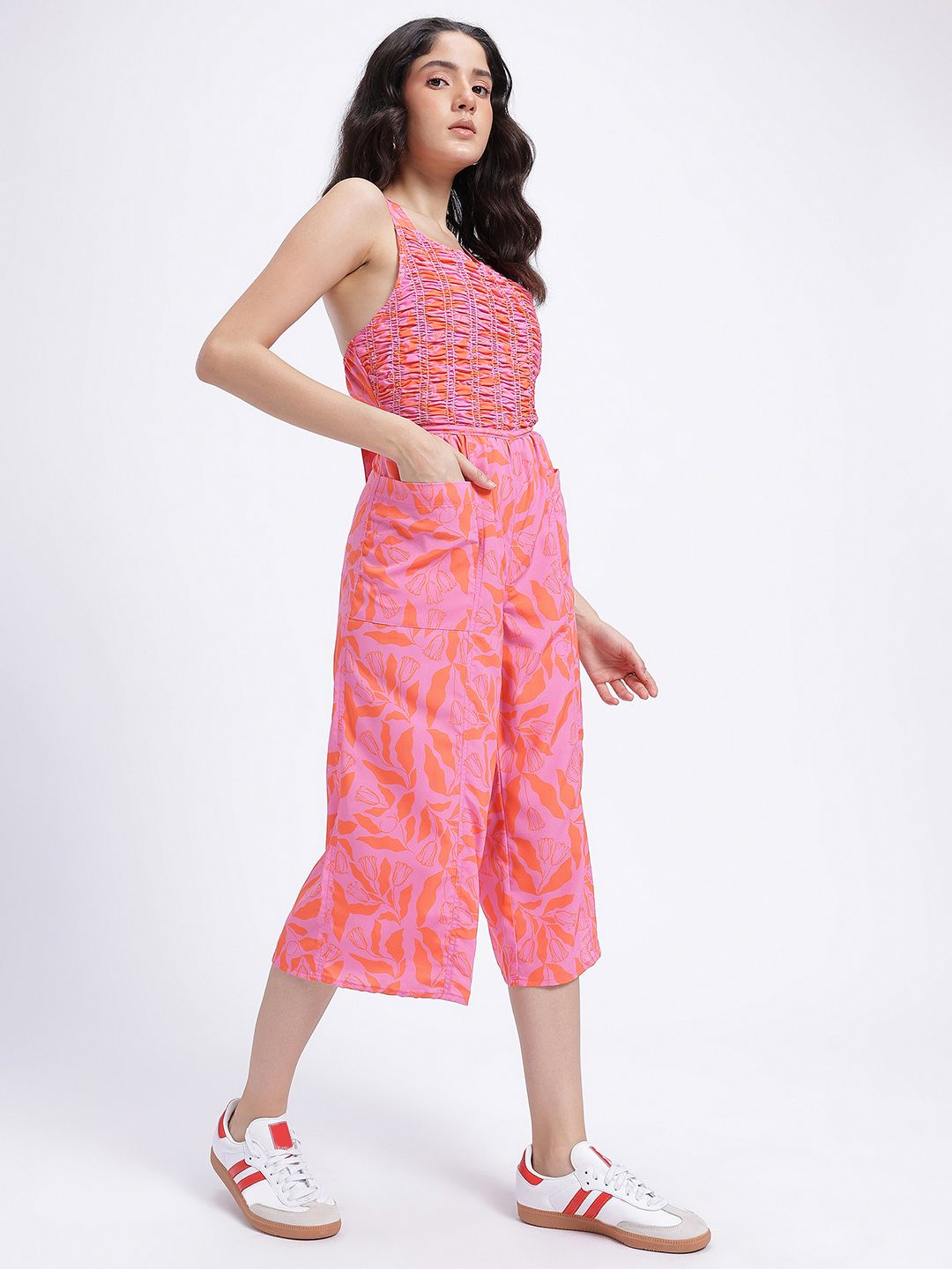 DressBerry Floral Printed Smocked Tie-Up Detail Jumpsuit