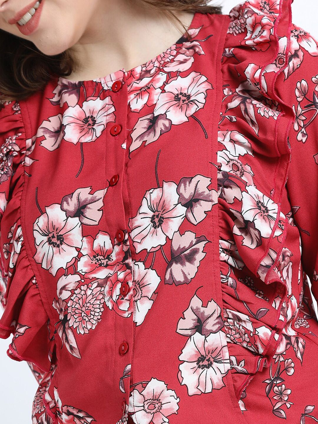 Tokyo Talkies Rust Floral Print Tie-Up Neck Top