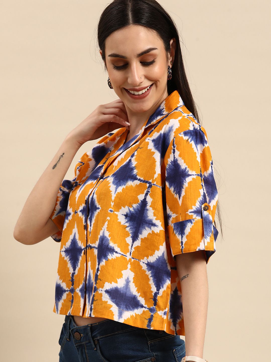 Anouk Yellow Tie and Dye Print Shirt Style Top