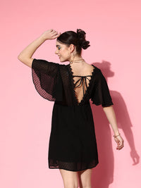 Berrylush Black Chiffon Flared Sleeves A-Line Mini Dress With Tie-Ups Detail