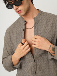 VASTRADO Men Classic Band Collar Textured Slim Fit Casual Shirt