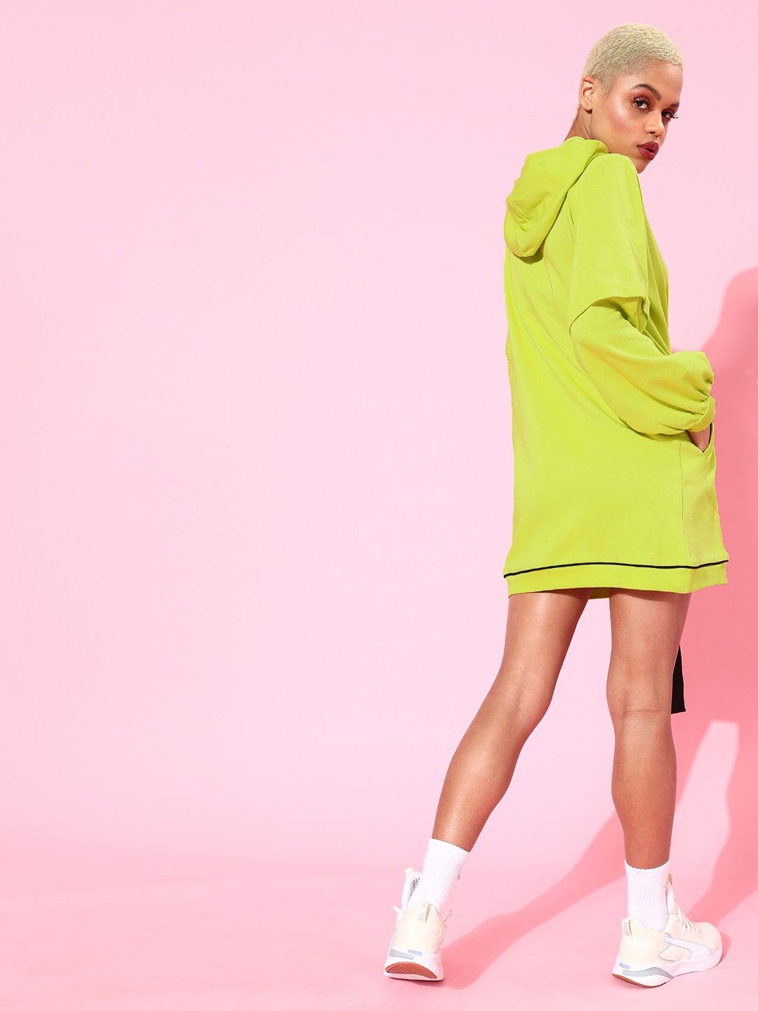 Athena Women Lime Green Hooded Sweatshirt with Belt Detail