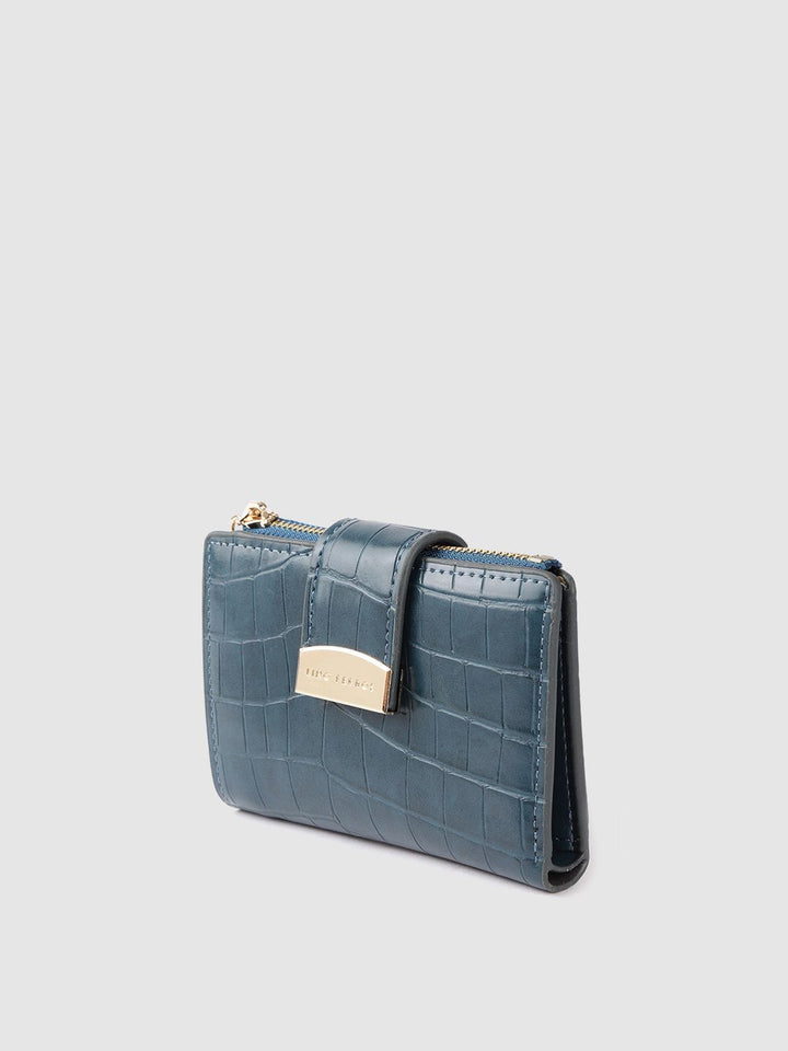 Lino Perros Women Teal Blue Croc Textured Two Fold Wallet
