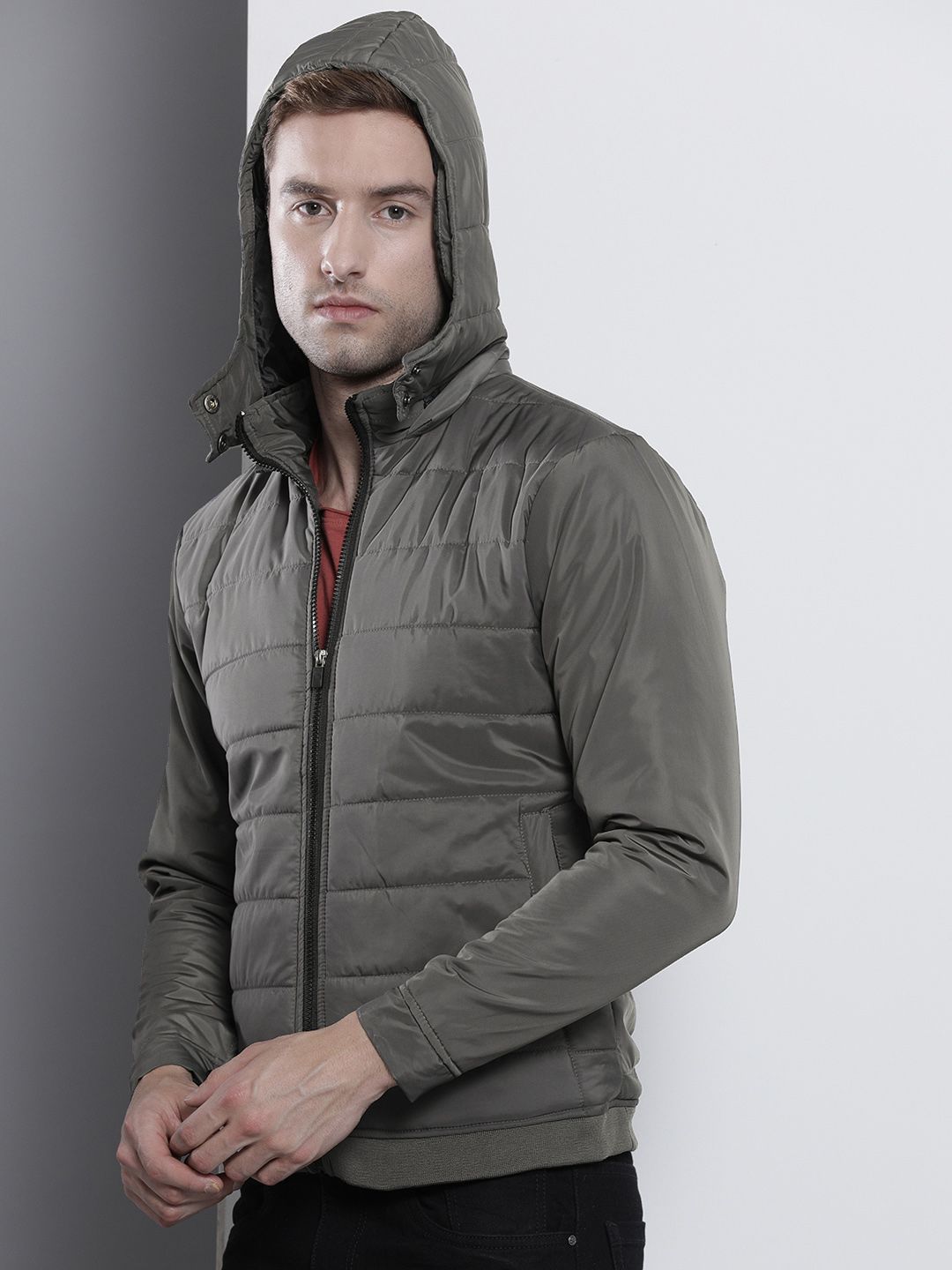 The Indian Garage Co Men Slim Fit Puffer Jacket with Detachable Hood
