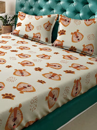 KLOTTHE Cream Cartoon Printed Fitted 400 TC Cotton King Bedsheet & 2 Pillow Covers