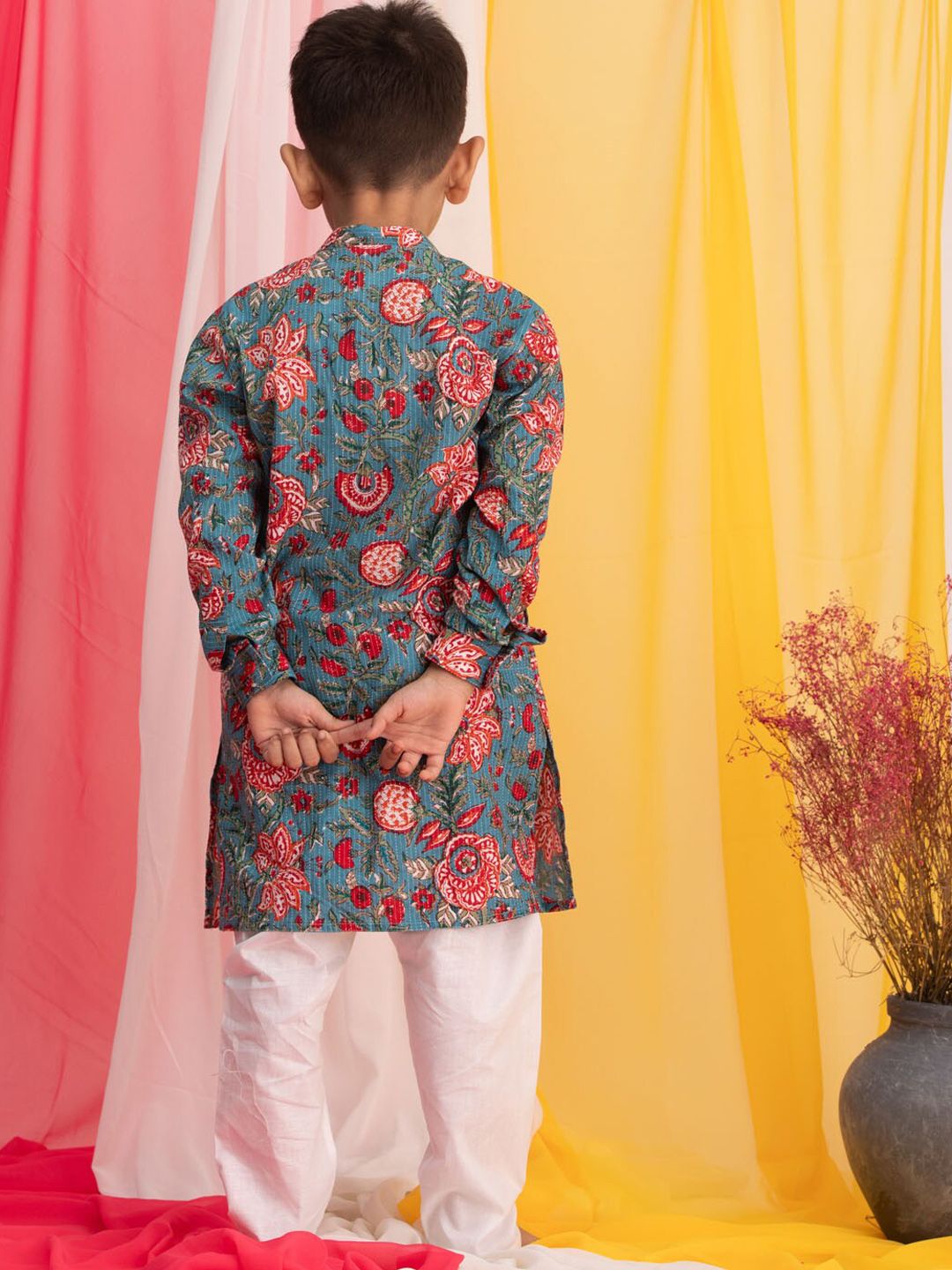 VASTRAMAY Boys Floral Printed Band Collar Regular Pure Cotton Kurta Set