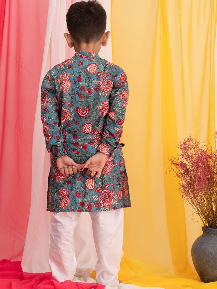 VASTRAMAY Boys Floral Printed Band Collar Regular Pure Cotton Kurta Set