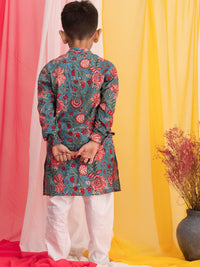 VASTRAMAY Boys Floral Printed Band Collar Regular Pure Cotton Kurta Set