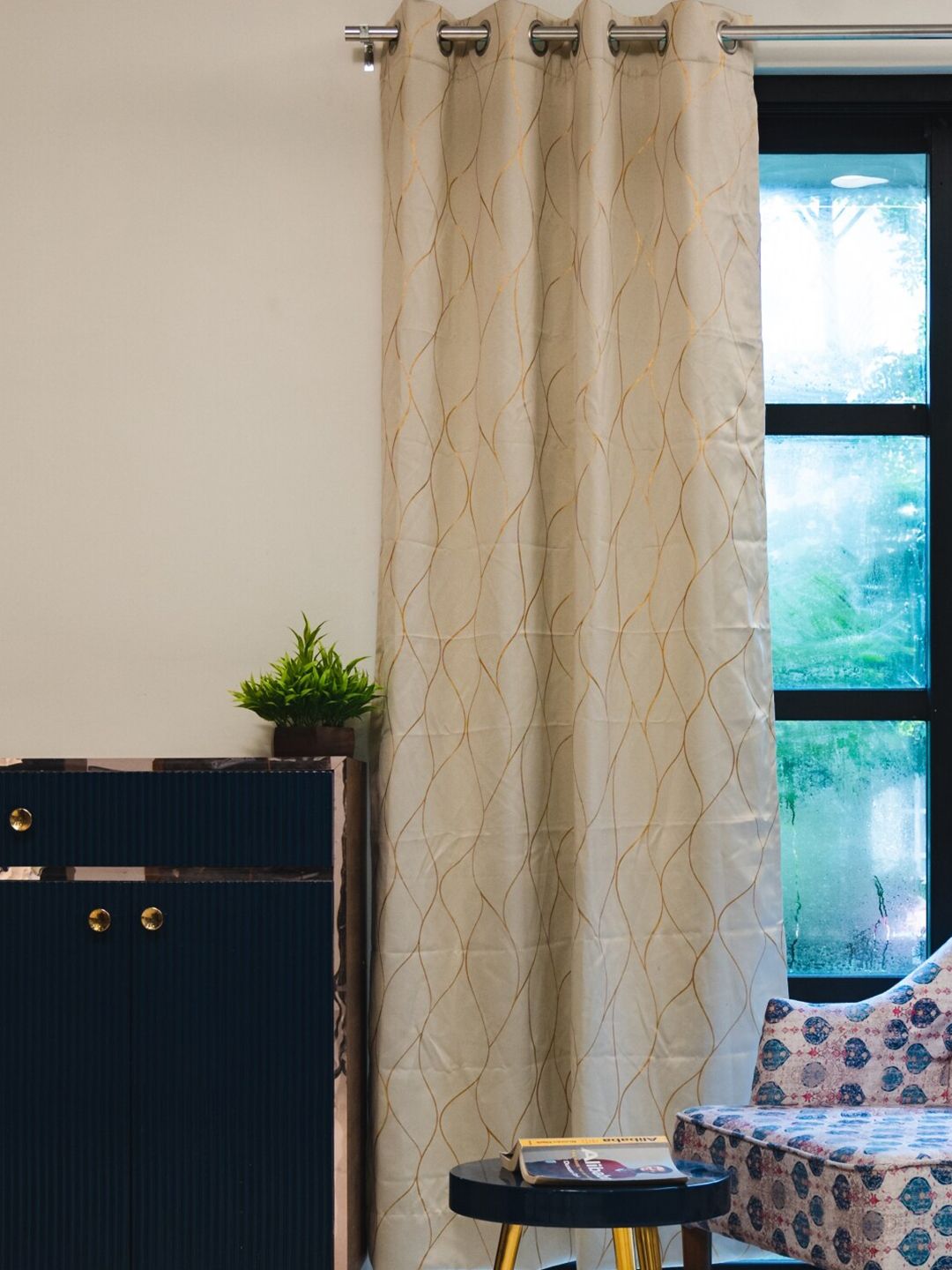 URBAN SPACE Gold Foil Beige & Gold-Toned Abstract Black Out Cotton Window Curtain