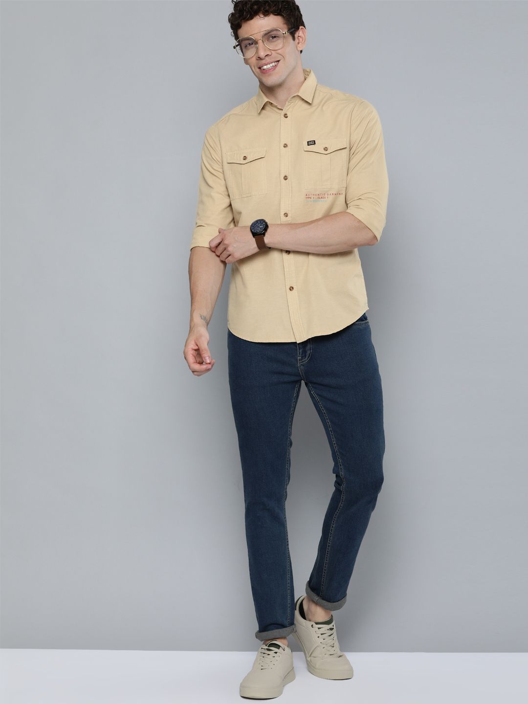 The Indian Garage Co Men Beige Slim Fit Solid Pure Cotton Casual Shirt
