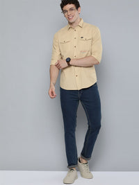 The Indian Garage Co Men Beige Slim Fit Solid Pure Cotton Casual Shirt