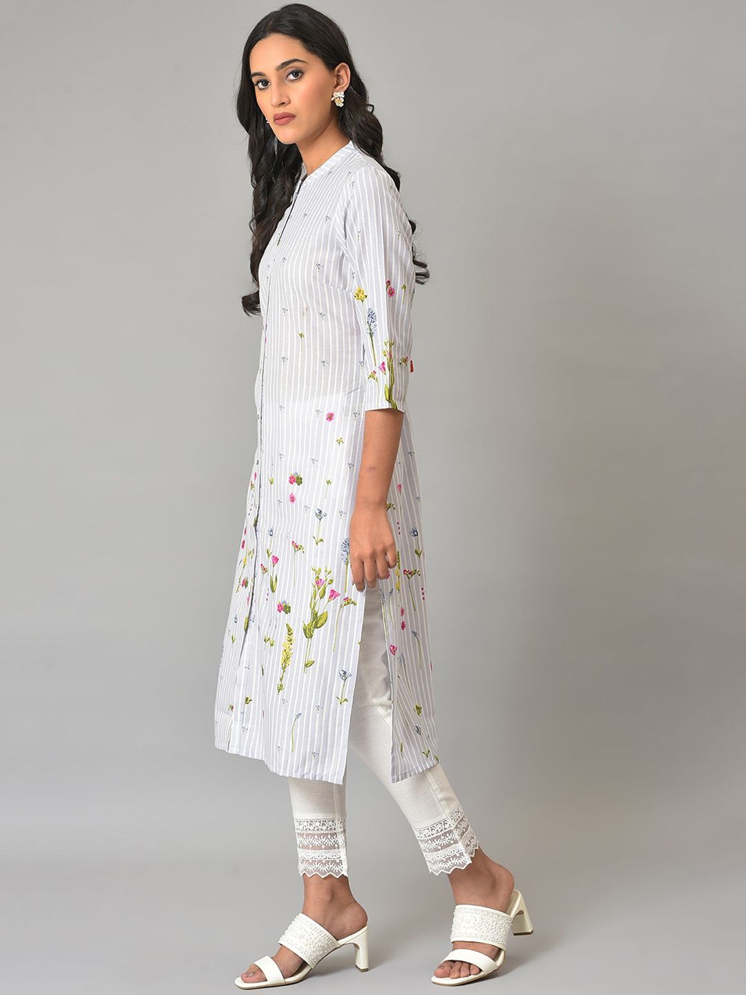 W Women Blue Printed Pathani Kurta
