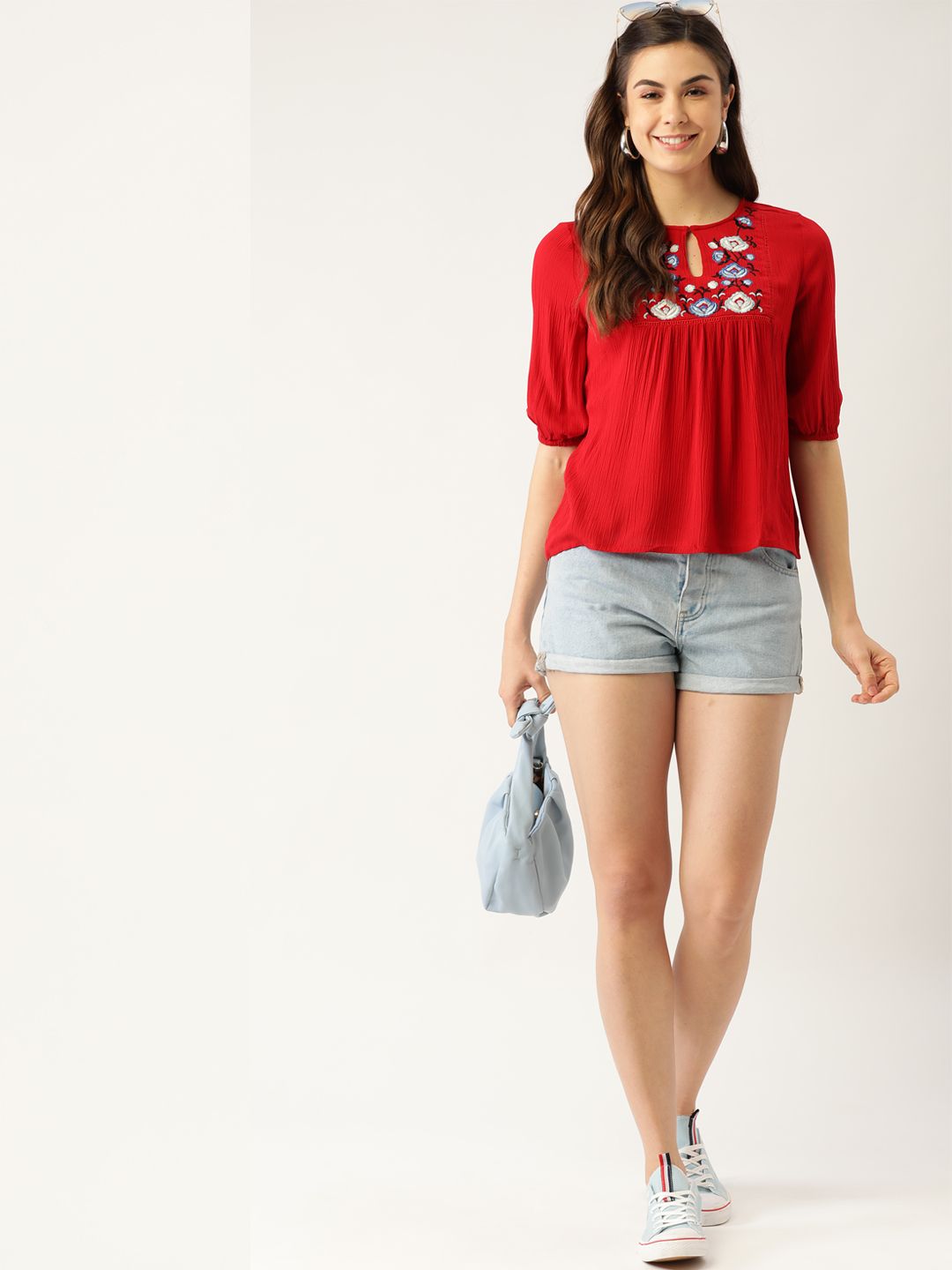 DressBerry Red & Blue Floral Embroidered Keyhole Neck Puff Sleeve Empire Top