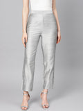 Varanga Women Silver Silk Regular Cropped Trousers